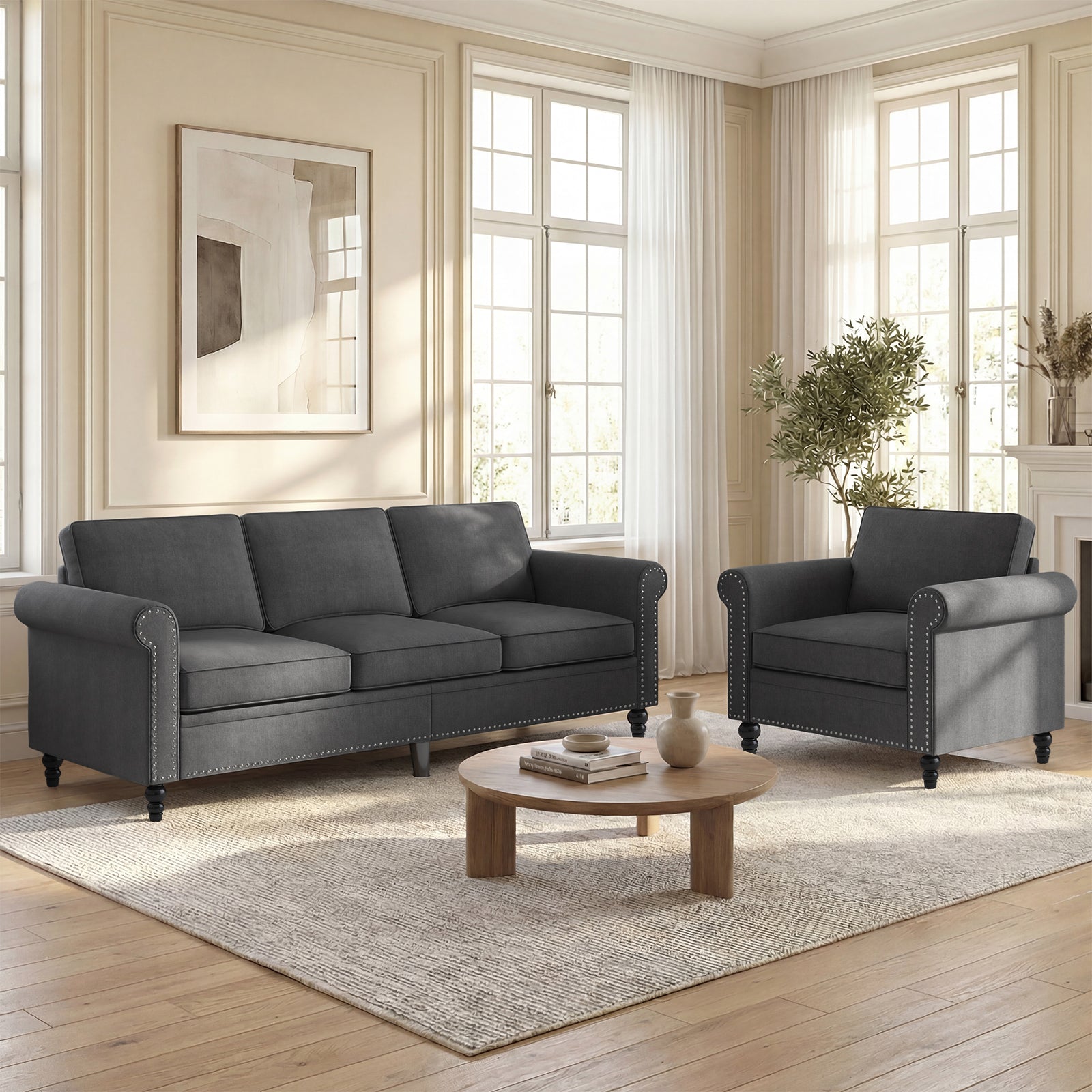 Puremind 3 Piece Living Room Sofa Set, Sectional Couch Sets, 3-Seat Sofa with Loveseat and Armchair Furniture Sets for Living Room/Apartment