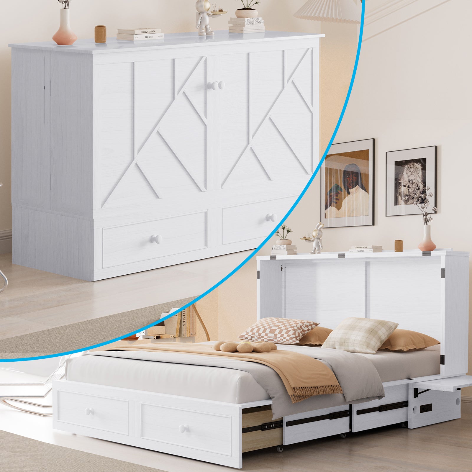 Puremind Queen Size Murphy Bed with Mattress, Murphy Cube Cabinet Bed with USB Charging Station and Large Storage Drawer, Murphy Chest Bed for Small Guest Room/Home/Office