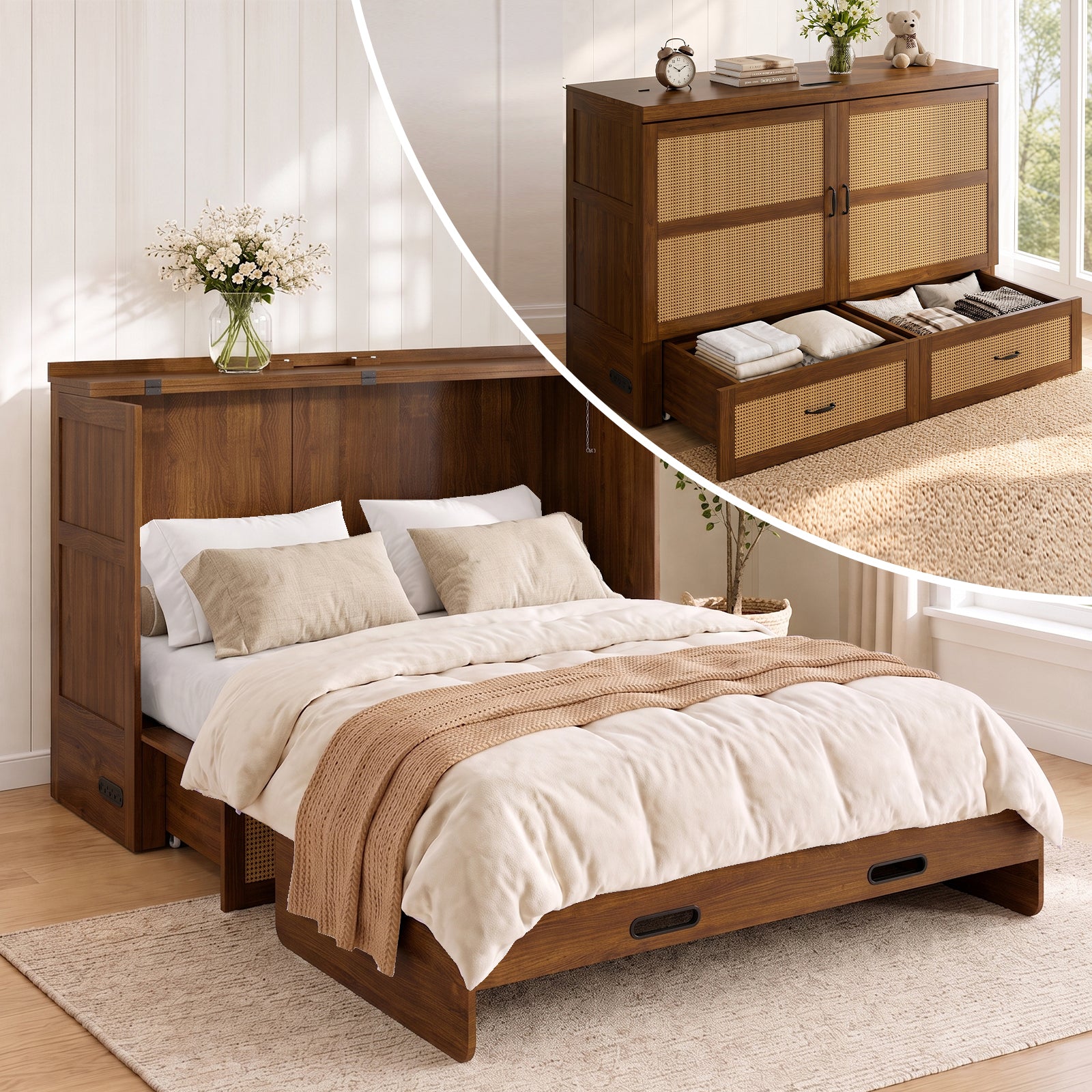 Puremind Queen Size Rattan Murphy Bed with Mattress, Hideaway Cabinet Bed with Charging Port and Storage Drawer for Home/Office