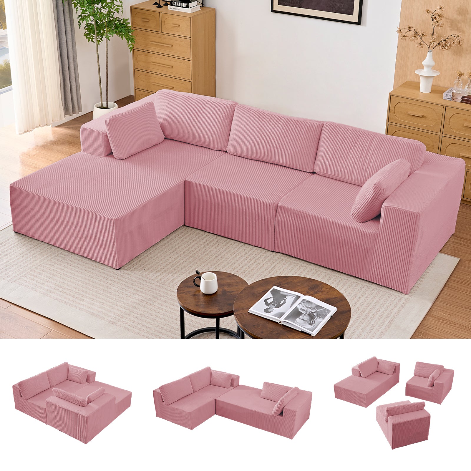 Puremind 109” L Shaped Sectional Sofa, Modular Sectional Couches with Chaise, Corduroy Cloud Couch for Living Room/Apartment/Small Space