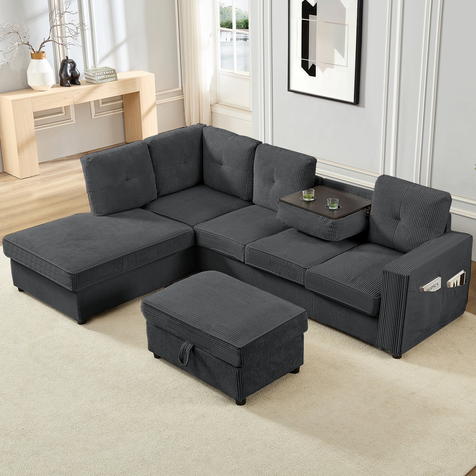 Puremind L Shaped Sectional Couch with Movable Storage Ottoman for Living Room, Corduroy U Shaped Sofa, Convertible Sleeper Sofa with Cup Holder