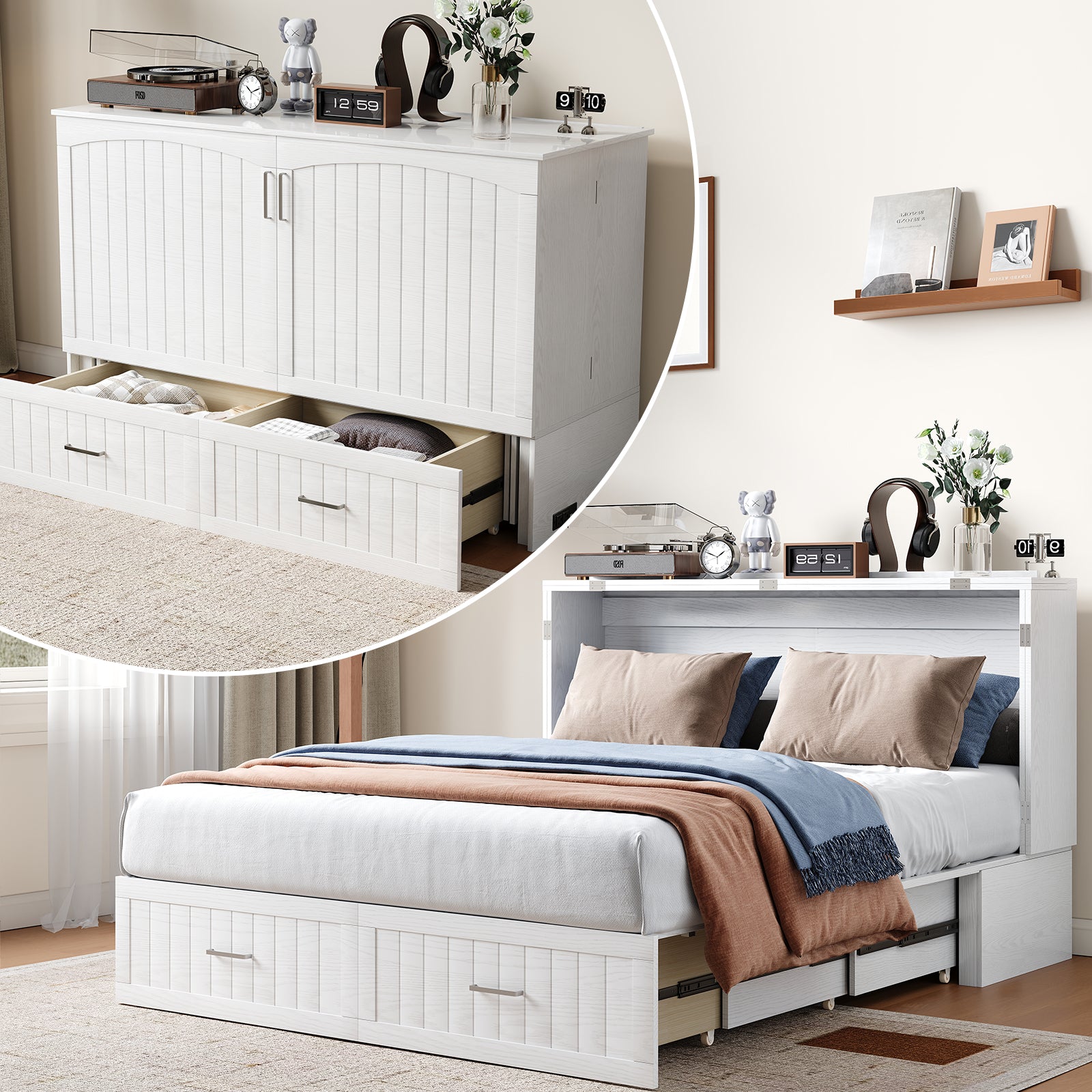 Puremind Solid Wood Murphy Bed, Queen Size Cabinet Bed with Charging Port and Storage Drawer for Guest Room/Home/Office