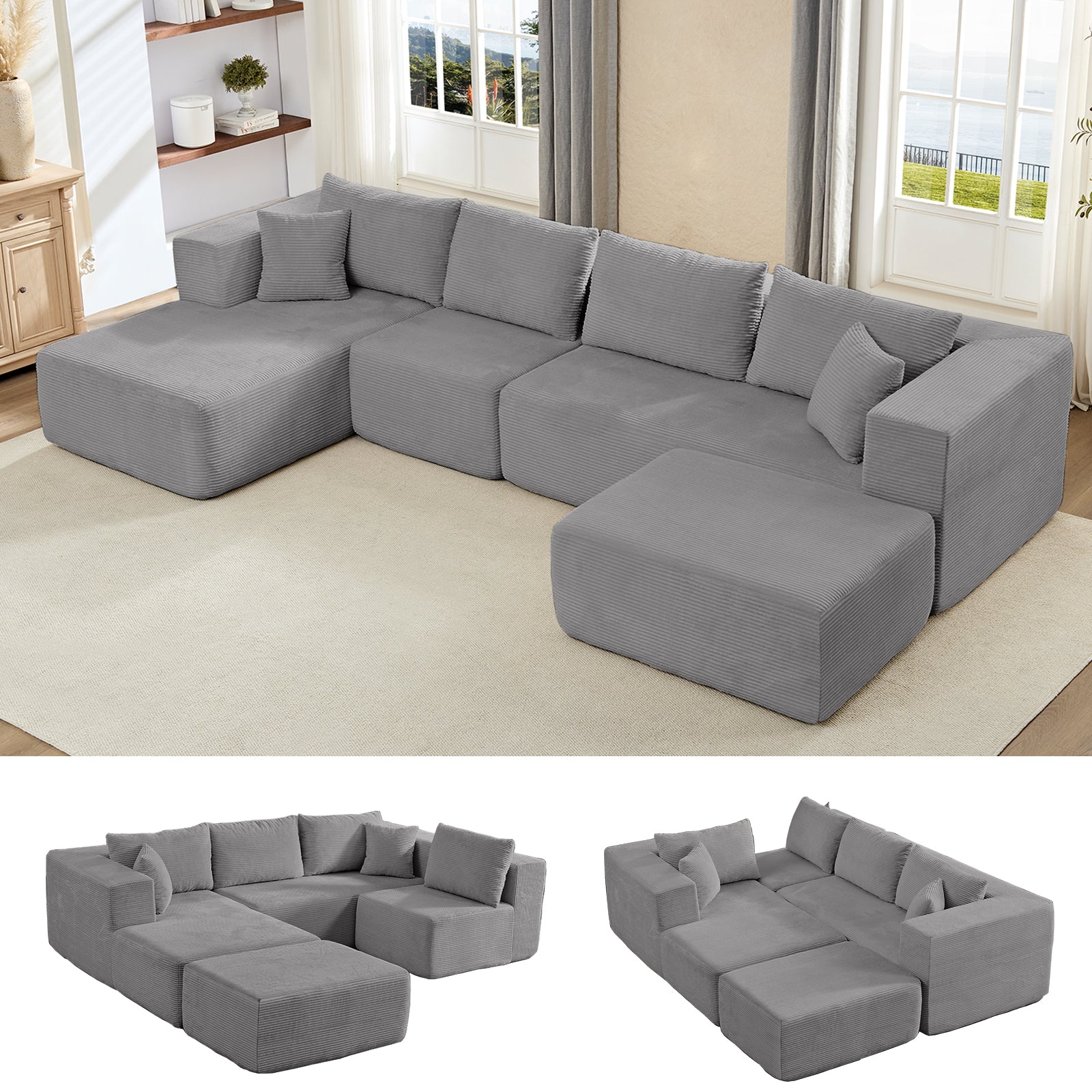 BALUS 135" Modular Cloud Sofa, 6 Seaters U Shaped Sectional Couch, Convertible Sofas with Ottomans, Living Room Furniture, Corduroy