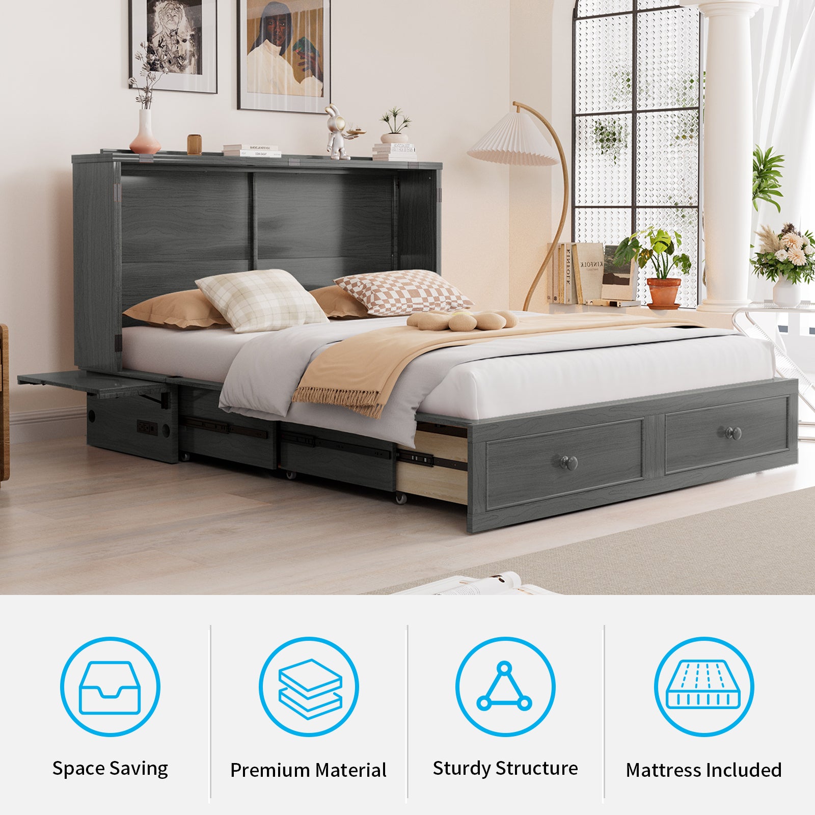 Puremind Queen Size Murphy Bed with Mattress, Murphy Cube Cabinet Bed with USB Charging Station and Large Storage Drawer, Murphy Chest Bed for Small Guest Room/Home/Office