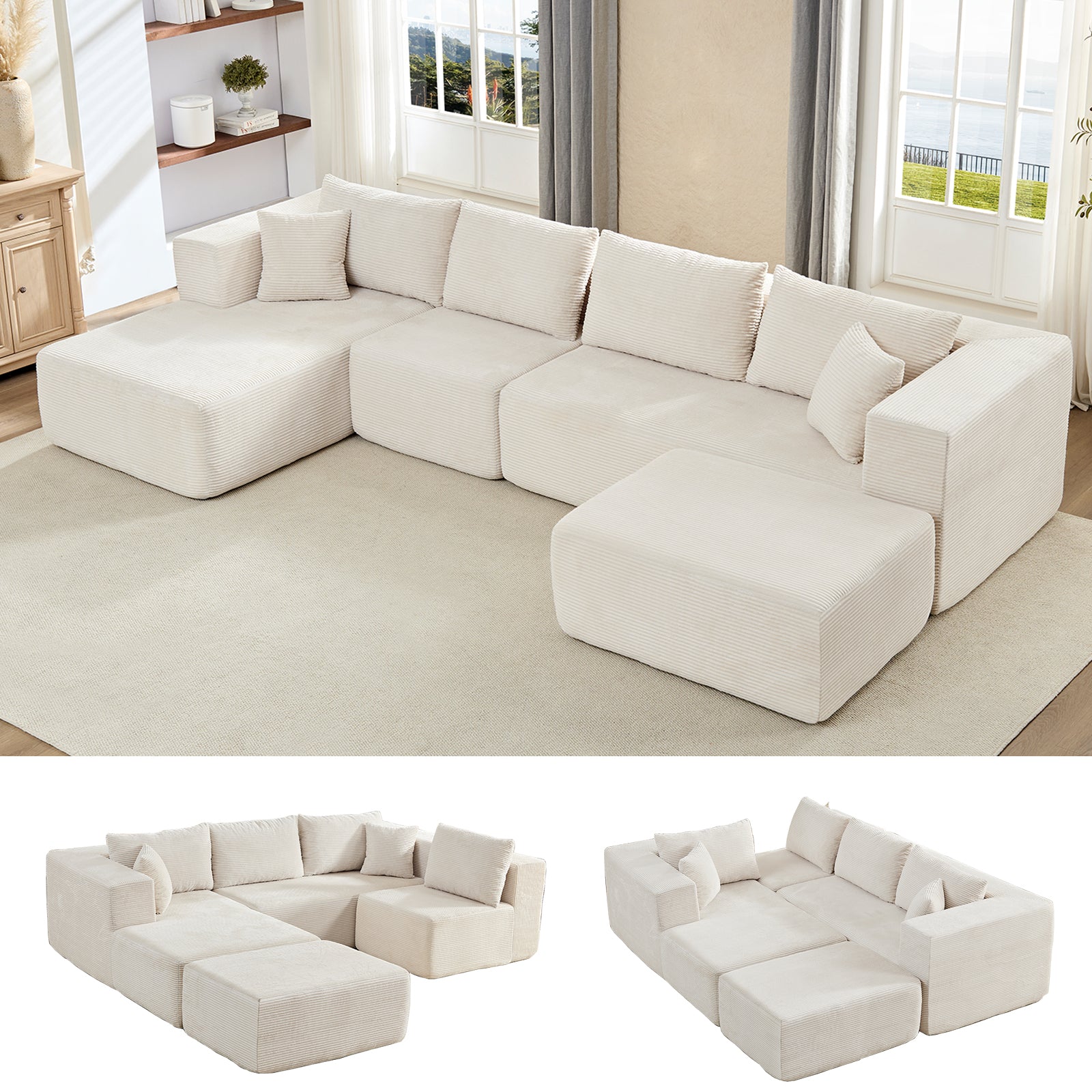 BALUS 135" Modular Cloud Sofa, 6 Seaters U Shaped Sectional Couch, Convertible Sofas with Ottomans, Living Room Furniture, Corduroy