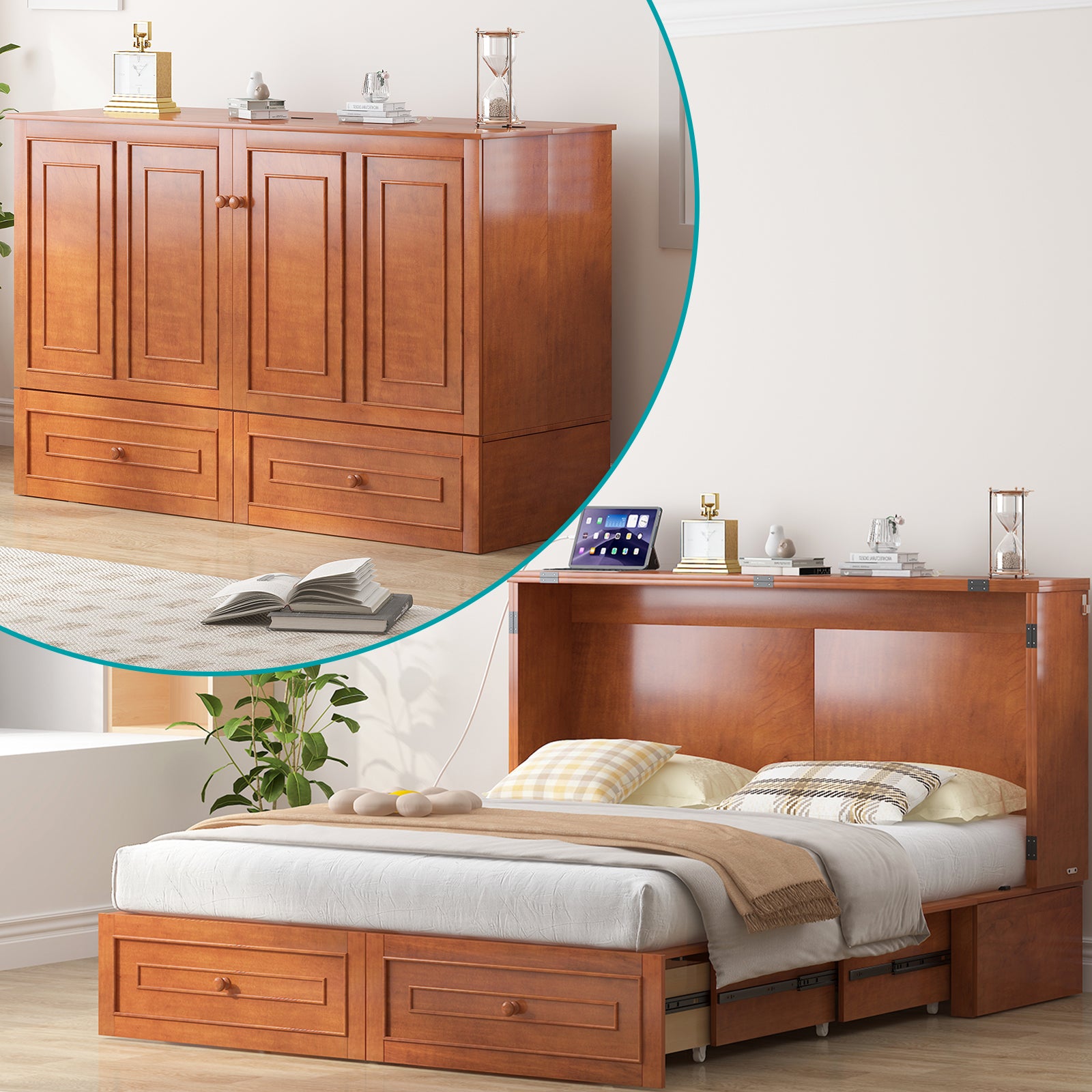 BALUS Queen Murphy Bed with Mattress, Two Large Drawers and Charging Station, Solid Wood Convertible Cabinet Bed Apartment/Bed Room