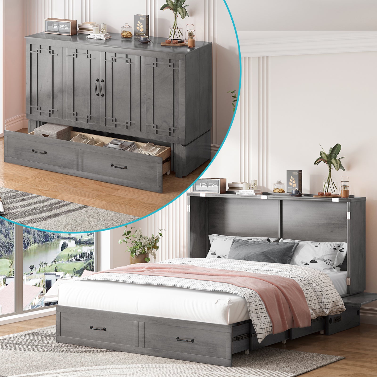 Puremind Solid Wood Murphy Bed, Queen Size Cabinet Bed with Charging Port and Storage Drawer for Guest Room/Home/Office