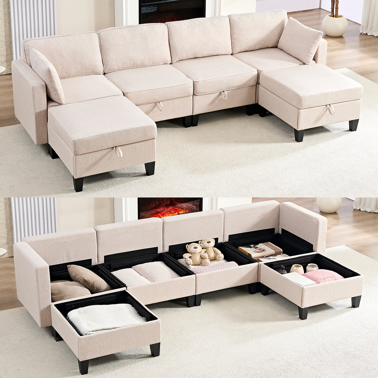 Puremind 6 Piece Modular Sectional Sofa with Storage, U/L Shaped Sectional Couch with Movable Ottoman, Convertible Sleeper Sofa for Living Room/Apartment