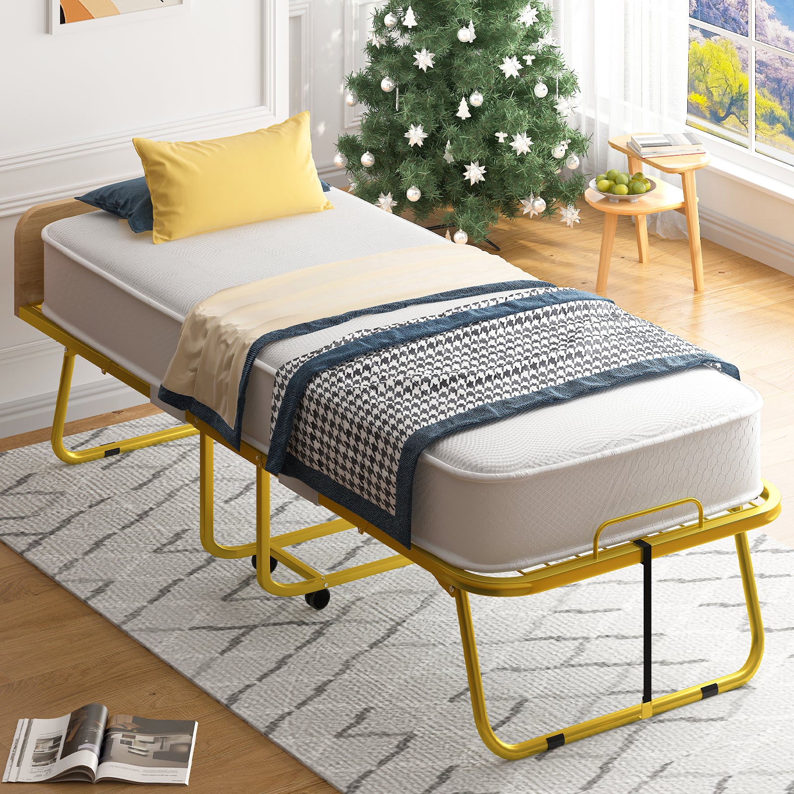 Puremind Folding Bed with 5” Mattress Included, Temporary Bed for Guests and Families, Space-Saving Rollaway Bed with Lockable Rollers, Upgraded (A+), Gold