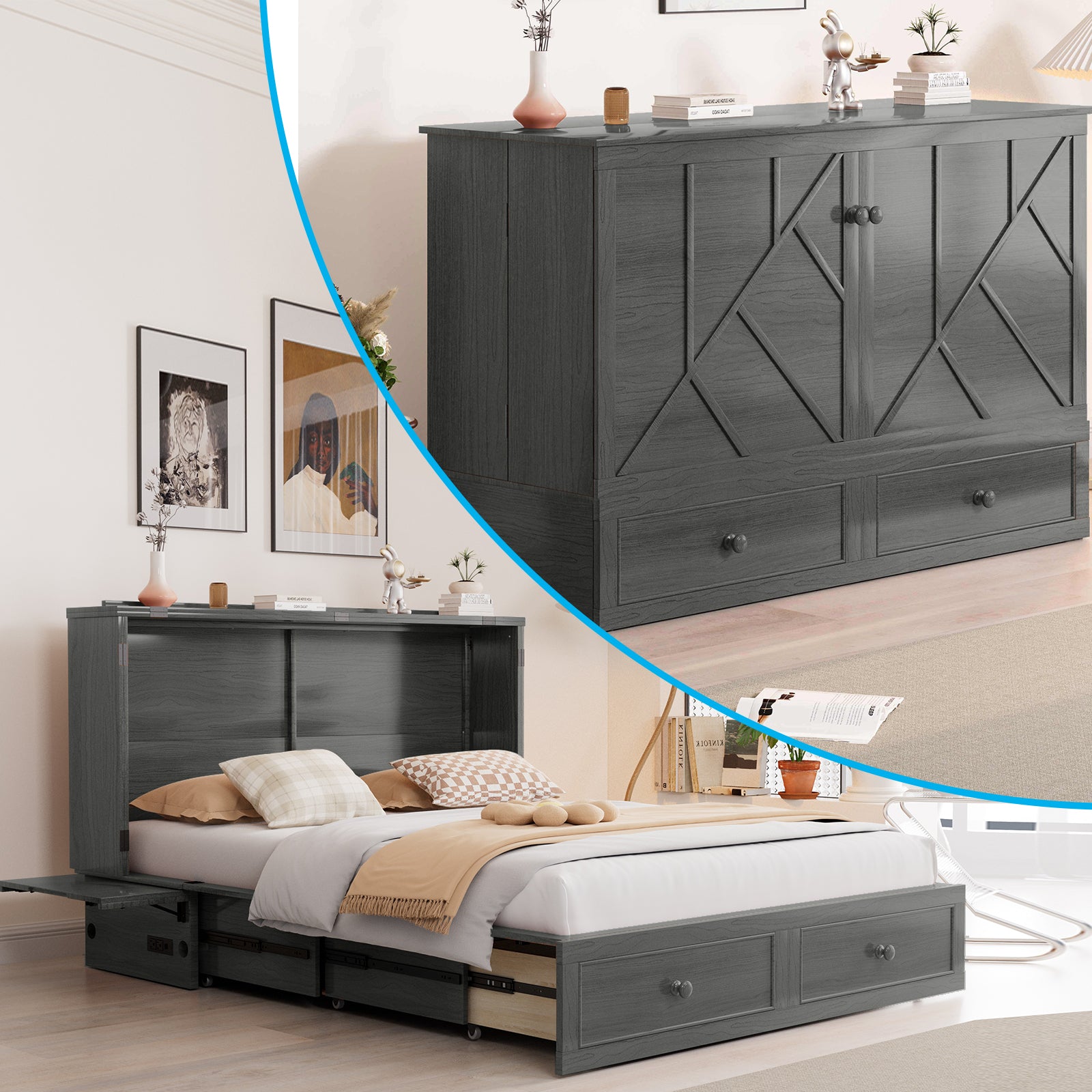 Puremind Queen Size Murphy Bed with Mattress, Murphy Cube Cabinet Bed with USB Charging Station and Large Storage Drawer, Murphy Chest Bed for Small Guest Room/Home/Office