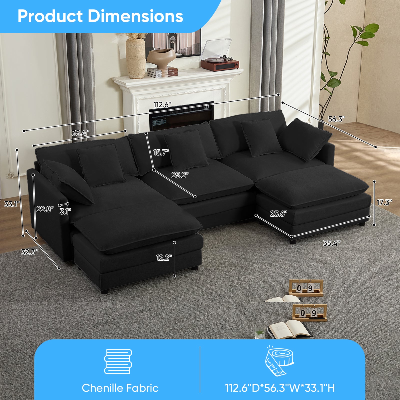 BALUS Convertible Modular Sofa with Ottoman, U Shaped Sectional Couch for Living Room, Apartment 5-Seat Mordern Couch