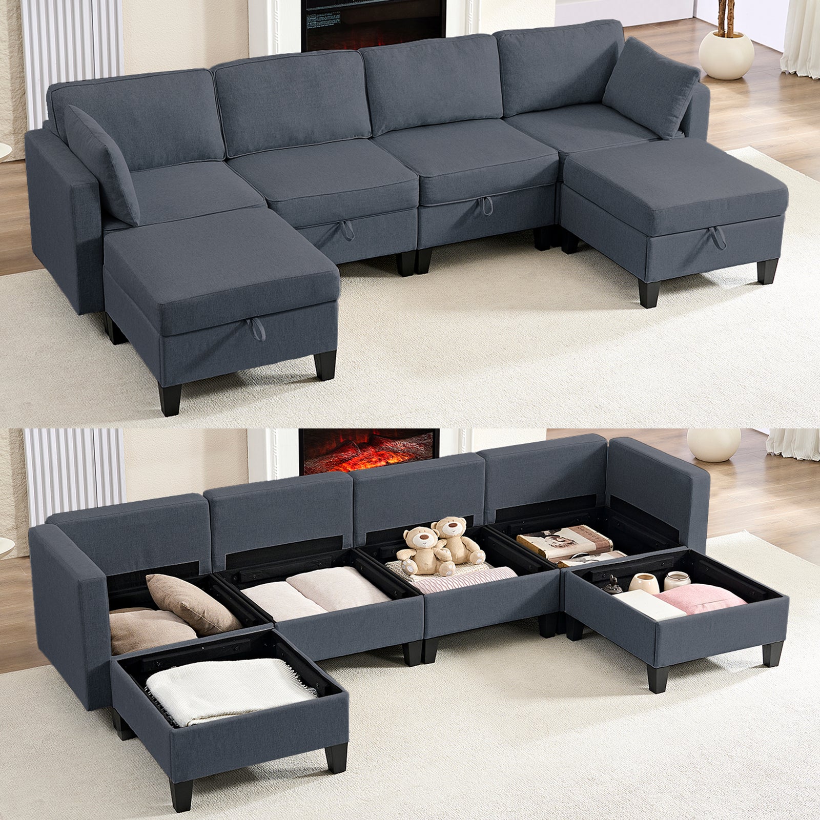 Puremind 6 Piece Modular Sectional Sofa with Storage, U/L Shaped Sectional Couch with Movable Ottoman, Convertible Sleeper Sofa for Living Room/Apartment