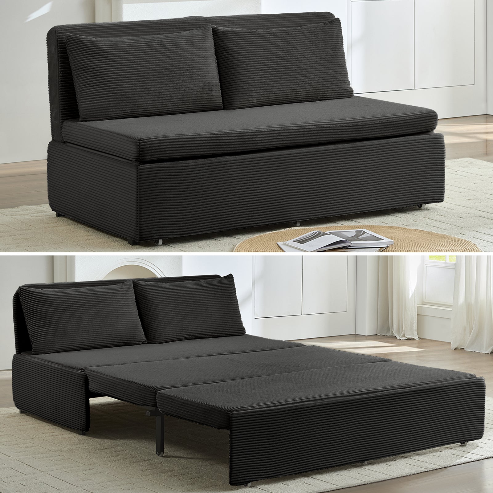 Puremind 3 in 1 Pull Out Sofa Bed, Queen Size Convertible Sleeper Sofa, Corduroy Loveseat Couch Bed with Pillows for Living Room/Apartment