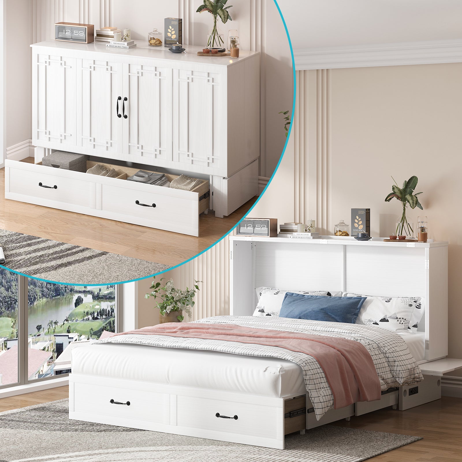 Puremind Solid Wood Murphy Bed, Queen Size Cabinet Bed with Charging Port and Storage Drawer for Guest Room/Home/Office