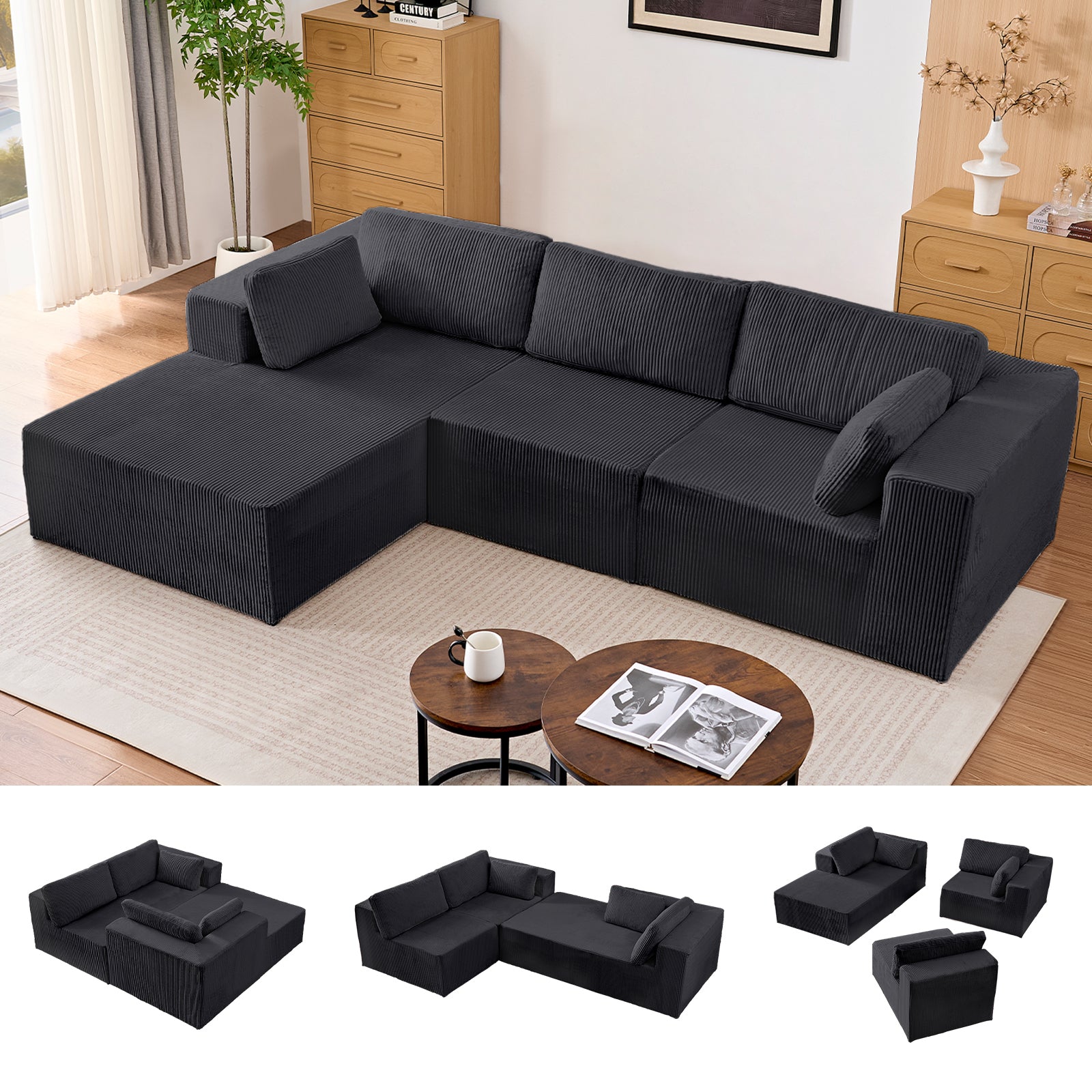Puremind 109” L Shaped Sectional Sofa, Modular Sectional Couches with Chaise, Corduroy Cloud Couch for Living Room/Apartment/Small Space