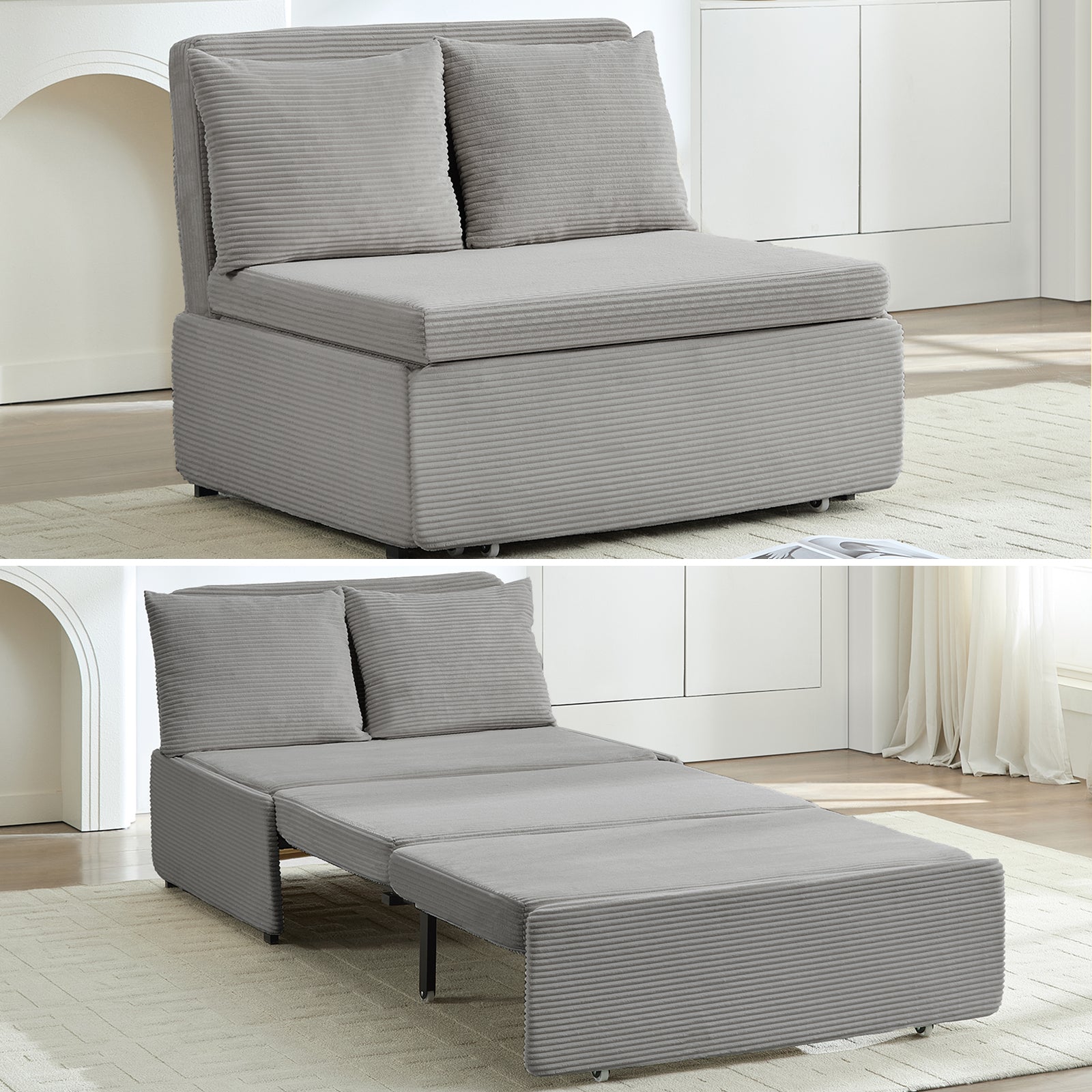 Puremind 3 in 1 Pull Out Sofa Bed, Queen Size Convertible Sleeper Sofa, Corduroy Loveseat Couch Bed with Pillows for Living Room/Apartment