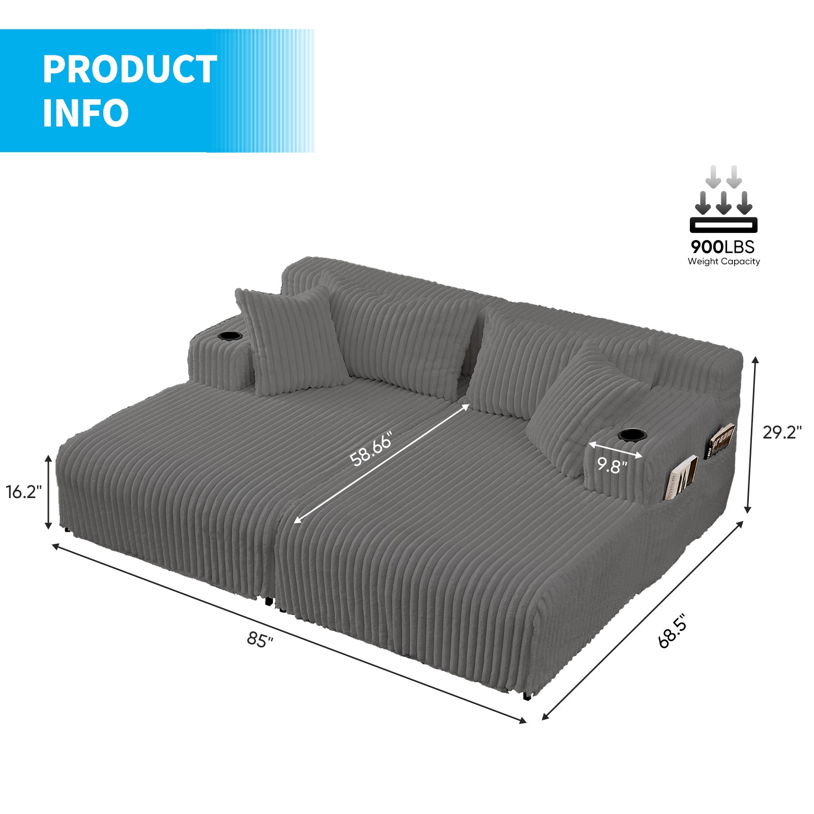 Puremind 85“W Double Chaise Lounge Chair Indoor, Oversized Sectional Corduroy Sofa Bed, Deep Seat Sleeper Loveseat, Cloud Sofa for Living Room/Apartment