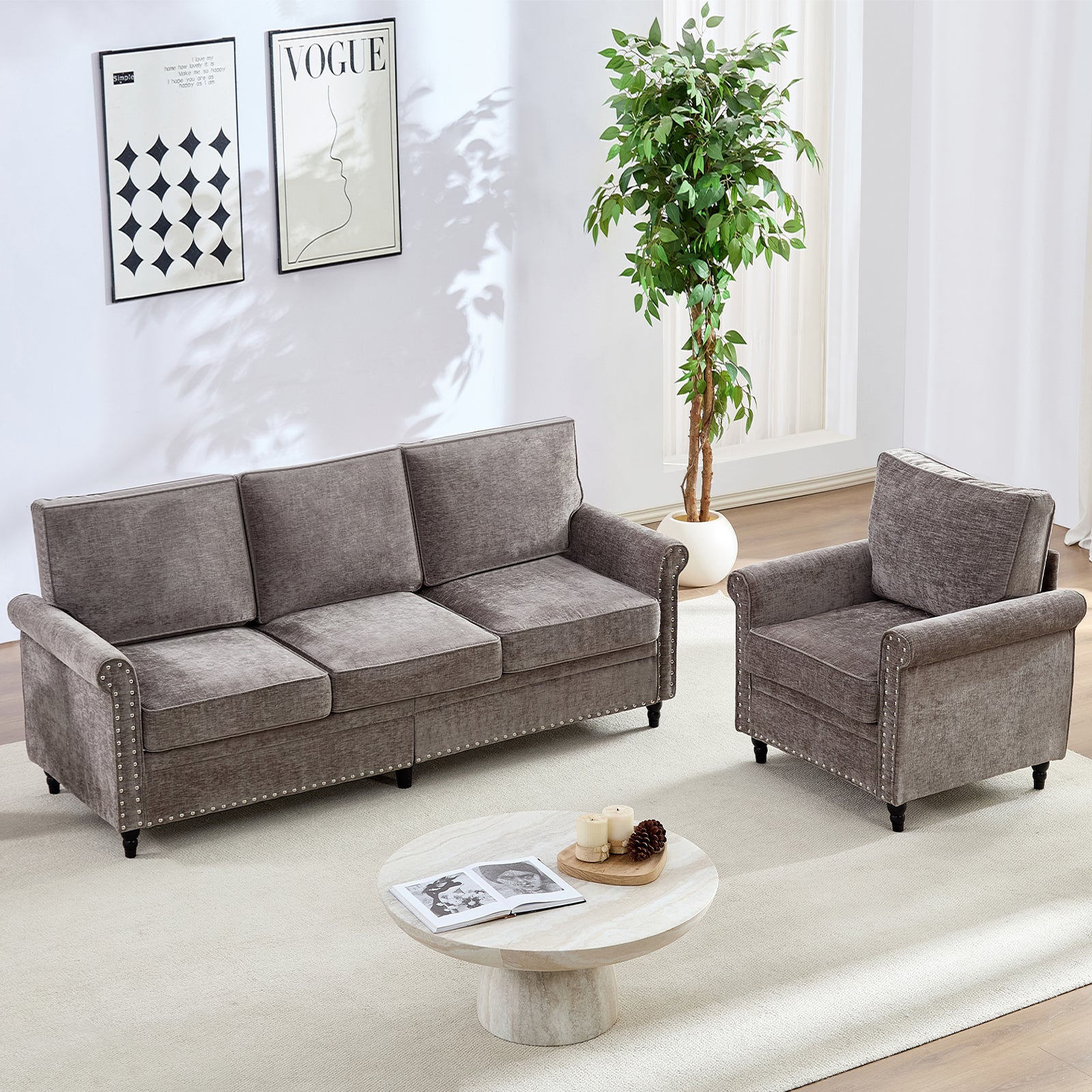 Puremind Living Room Furniture Sets, 3 Piece Sofa Set, Chenille Sectional Couches for Living Room/Apartment, Include Sofa, Loveseat and Armchair