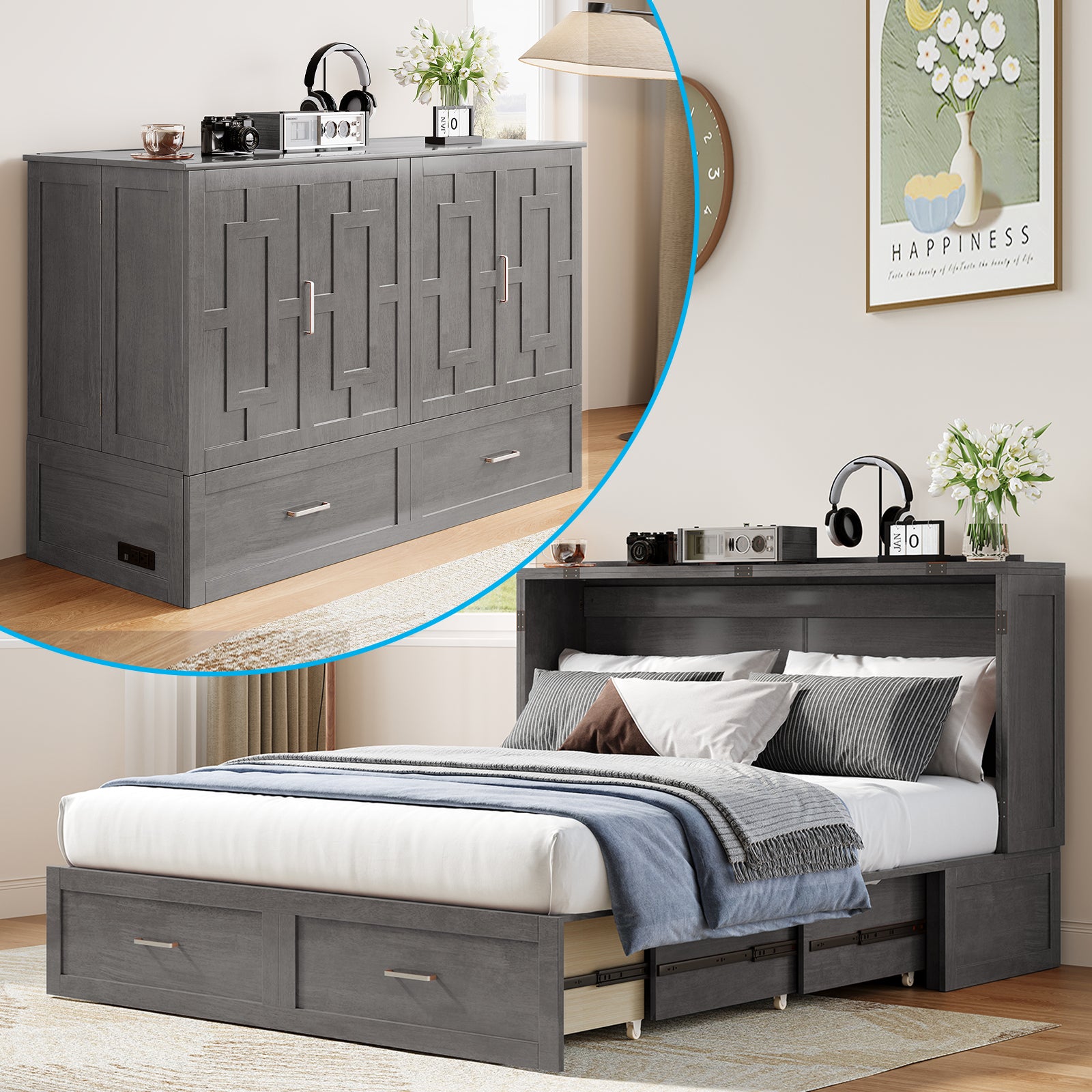BALUS Solid Wood Queen Size Murphy Bed  , Two Large Drawers and Charging Station, Convertible Cabinet Bed, Folding Wall Bed for Apartment/Bed Room