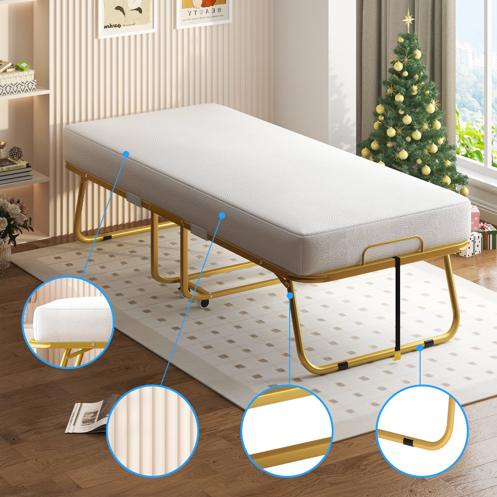 Puremind Folding Bed with Foam Mattress, Metal Bed Frame, Single Rollaway Bed, Easy Assembly & Moving, Gold