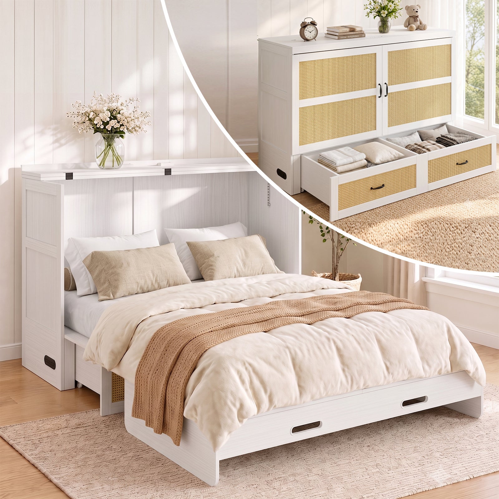 Puremind Queen Size Rattan Murphy Bed with Mattress, Hideaway Cabinet Bed with Charging Port and Storage Drawer for Home/Office