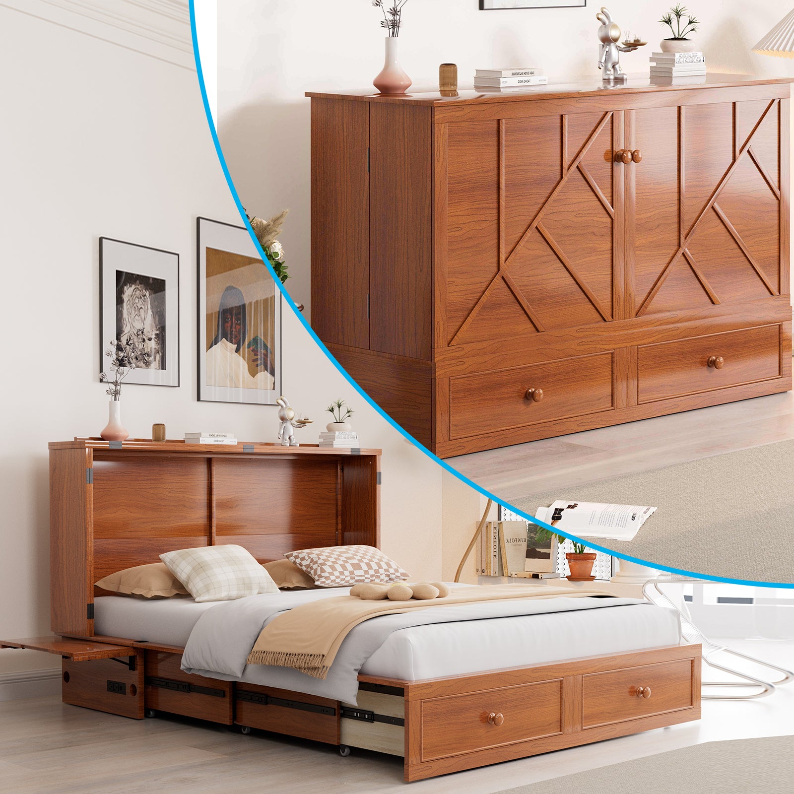 Puremind Queen Size Murphy Bed with Mattress, Murphy Cube Cabinet Bed with USB Charging Station and Large Storage Drawer, Murphy Chest Bed for Small Guest Room/Home/Office