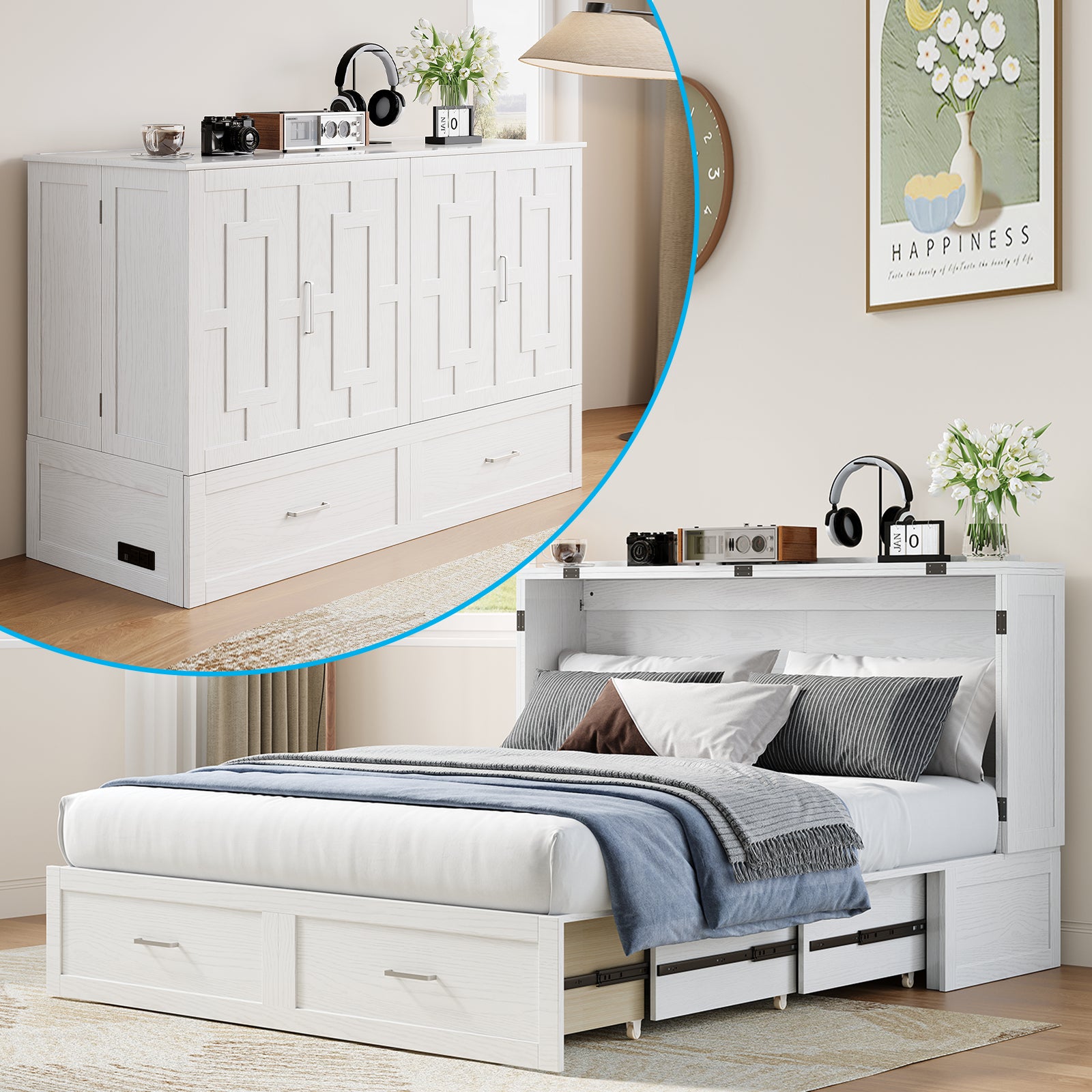 BALUS Solid Wood Queen Size Murphy Bed  , Two Large Drawers and Charging Station, Convertible Cabinet Bed, Folding Wall Bed for Apartment/Bed Room