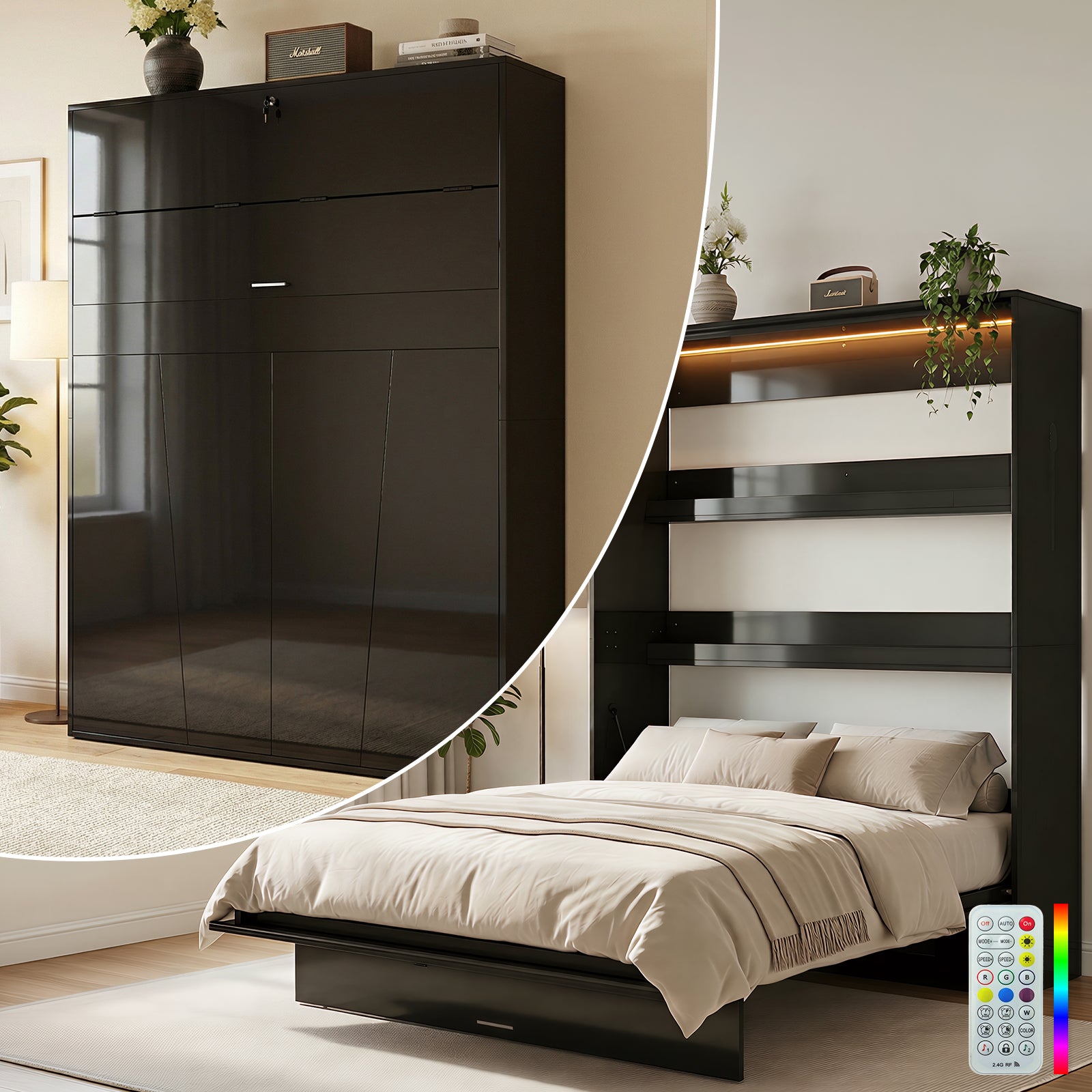 Puremind Murphy Bed with LED Lights, Hidden Murphy Wall Bed with Gas-Lift, Cabinet Bed for Bedroom/Guest Room, Without Mattress
