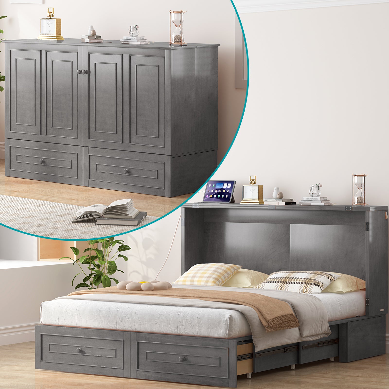 BALUS Queen Murphy Bed with Mattress, Two Large Drawers and Charging Station, Solid Wood Convertible Cabinet Bed Apartment/Bed Room