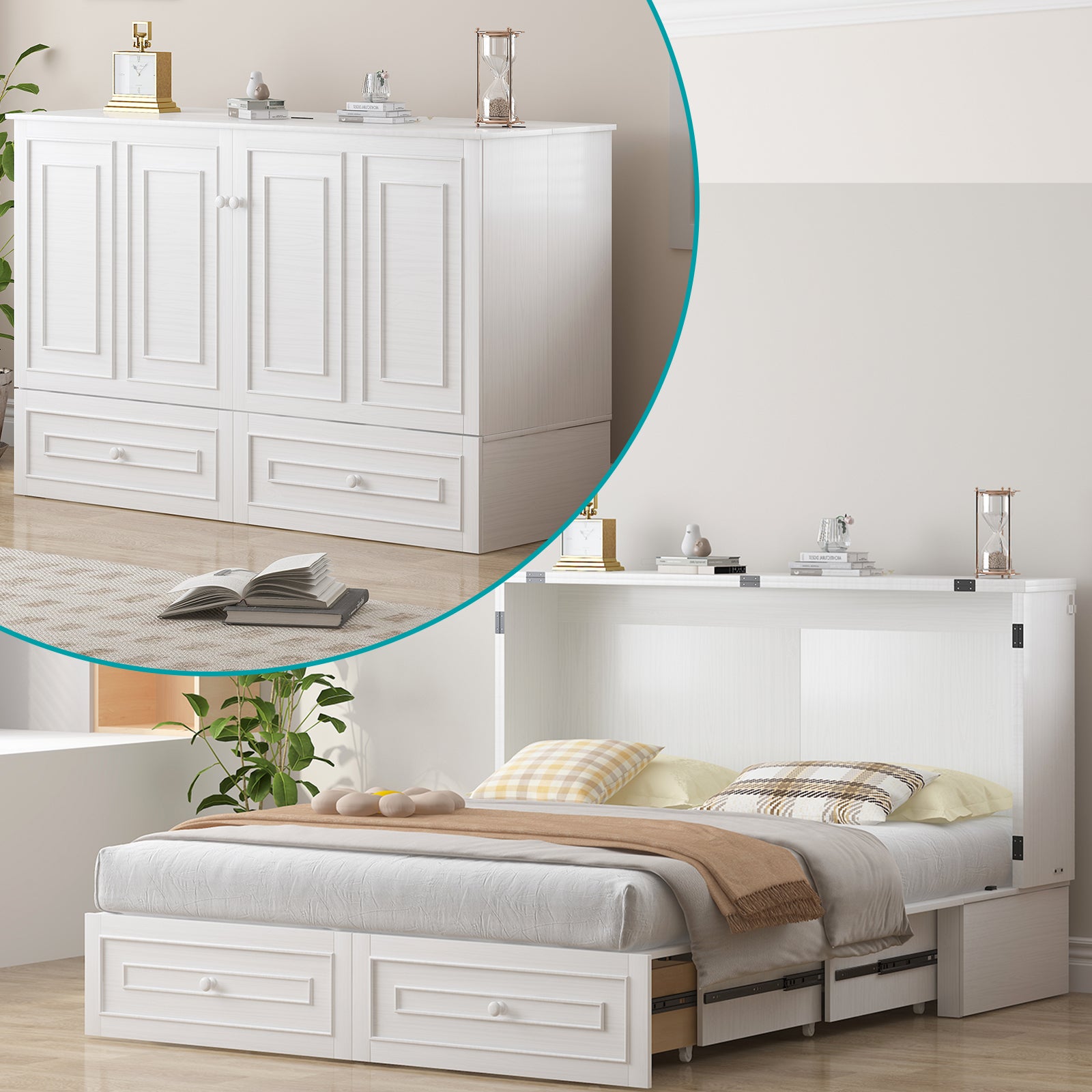 BALUS Queen Murphy Bed with Mattress, Two Large Drawers and Charging Station, Solid Wood Convertible Cabinet Bed Apartment/Bed Room