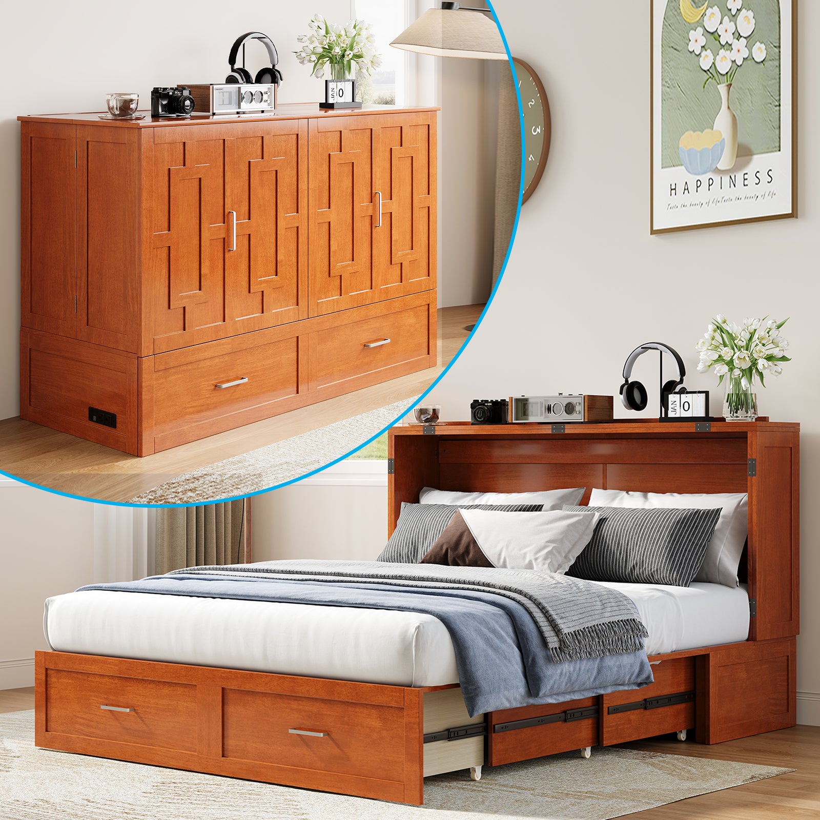 BALUS Solid Wood Queen Size Murphy Bed  , Two Large Drawers and Charging Station, Convertible Cabinet Bed, Folding Wall Bed for Apartment/Bed Room