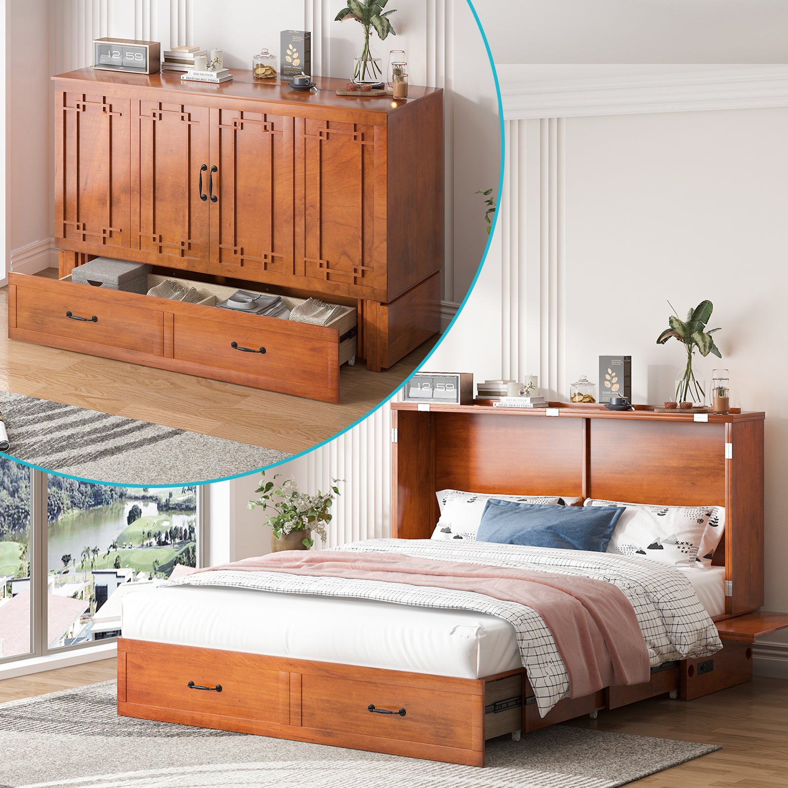 Puremind Solid Wood Murphy Bed, Queen Size Cabinet Bed with Charging Port and Storage Drawer for Guest Room/Home/Office