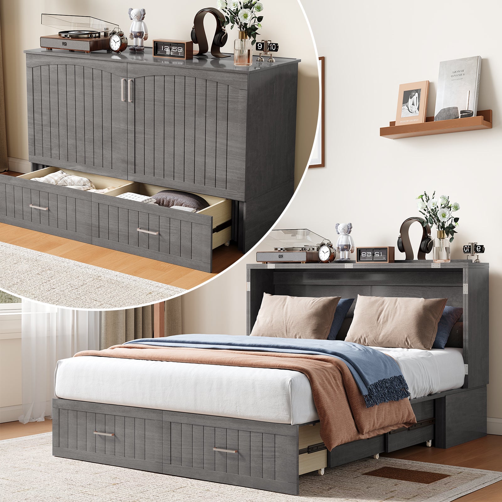 Puremind Solid Wood Murphy Bed, Queen Size Cabinet Bed with Charging Port and Storage Drawer for Guest Room/Home/Office