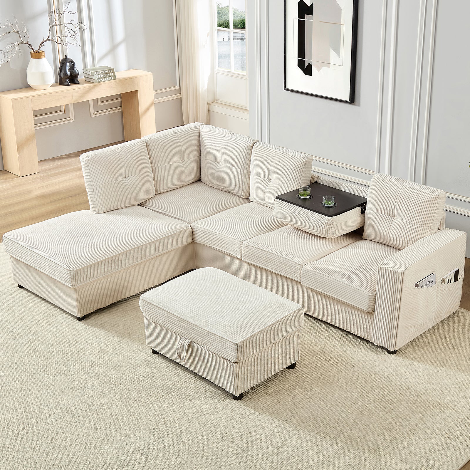 Puremind L Shaped Sectional Couch with Movable Storage Ottoman for Living Room, Corduroy U Shaped Sofa, Convertible Sleeper Sofa with Cup Holder
