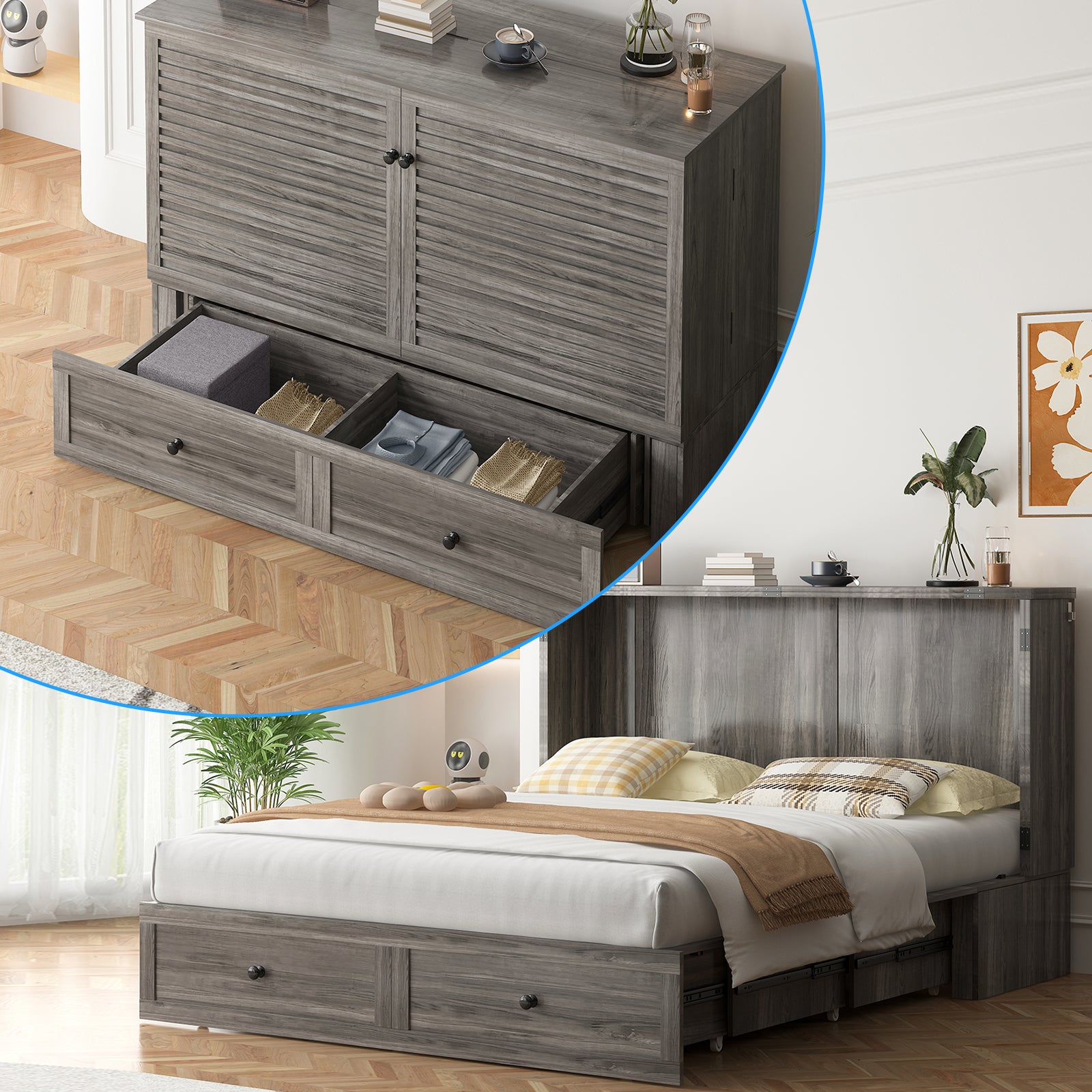 Puremind Queen Size Murphy Bed with Foldable Mattress, Cabinet Bed with Storage Drawer and Charging Ports, Murphy Bed Furniture for Bedroom/Office,