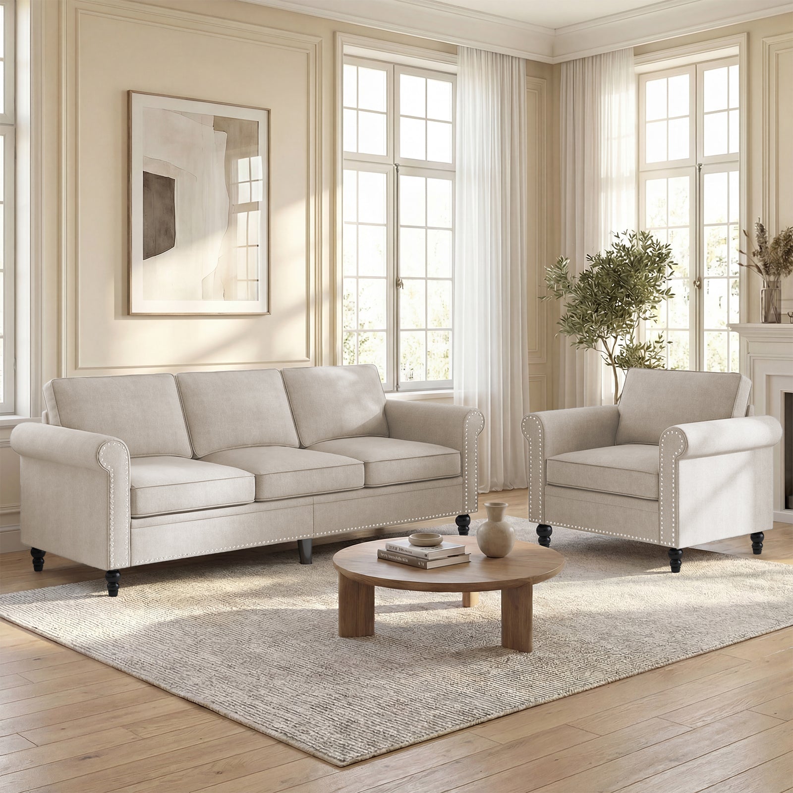 Puremind 3 Piece Living Room Sofa Set, Sectional Couch Sets, 3-Seat Sofa with Loveseat and Armchair Furniture Sets for Living Room/Apartment