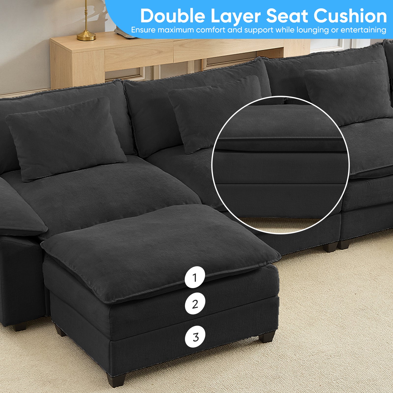 Puremind 118" Oversized Modular Sectional Sofa, Chenille U Shaped Cloud Couch, 30" Deep Seat Couch with Movable Ottomans for Living Room/Apartment