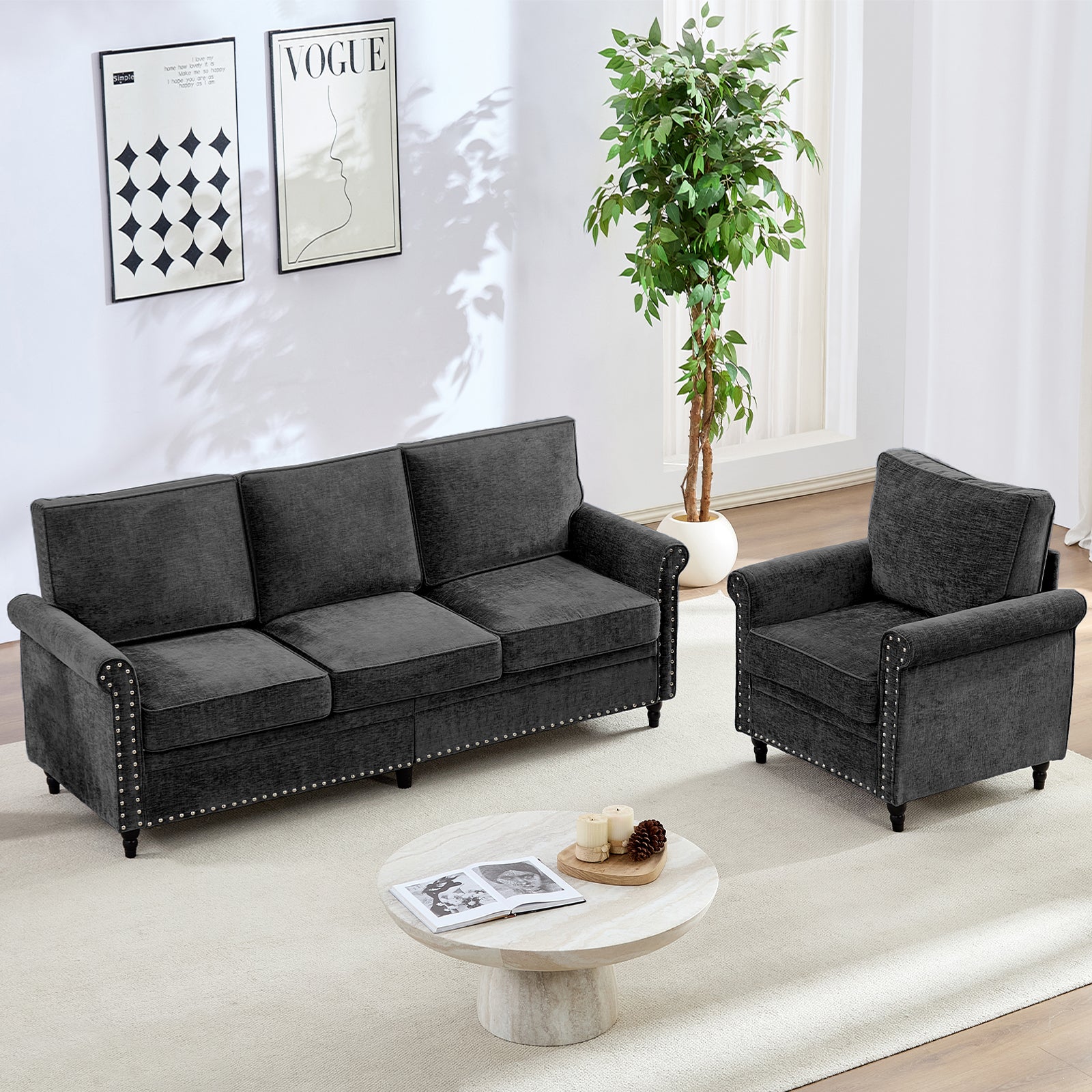 Puremind Living Room Furniture Sets, 3 Piece Sofa Set, Chenille Sectional Couches for Living Room/Apartment, Include Sofa, Loveseat and Armchair