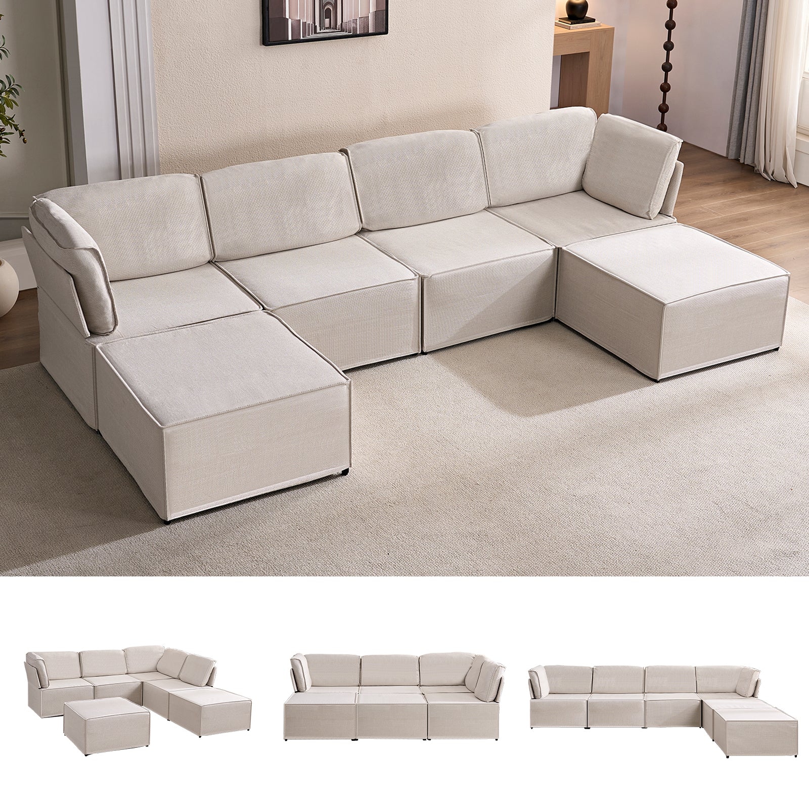 Puremind Modular Sectional Sofa with Movable Ottoman, Convertible U Shaped Couch, Linen 6 Seater Free Combination Sleeper Sofa for Living Room