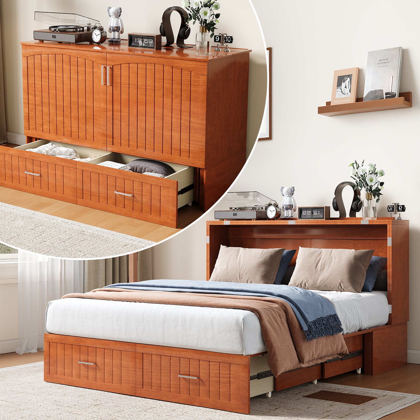 Puremind Solid Wood Murphy Bed, Queen Size Cabinet Bed with Charging Port and Storage Drawer for Guest Room/Home/Office