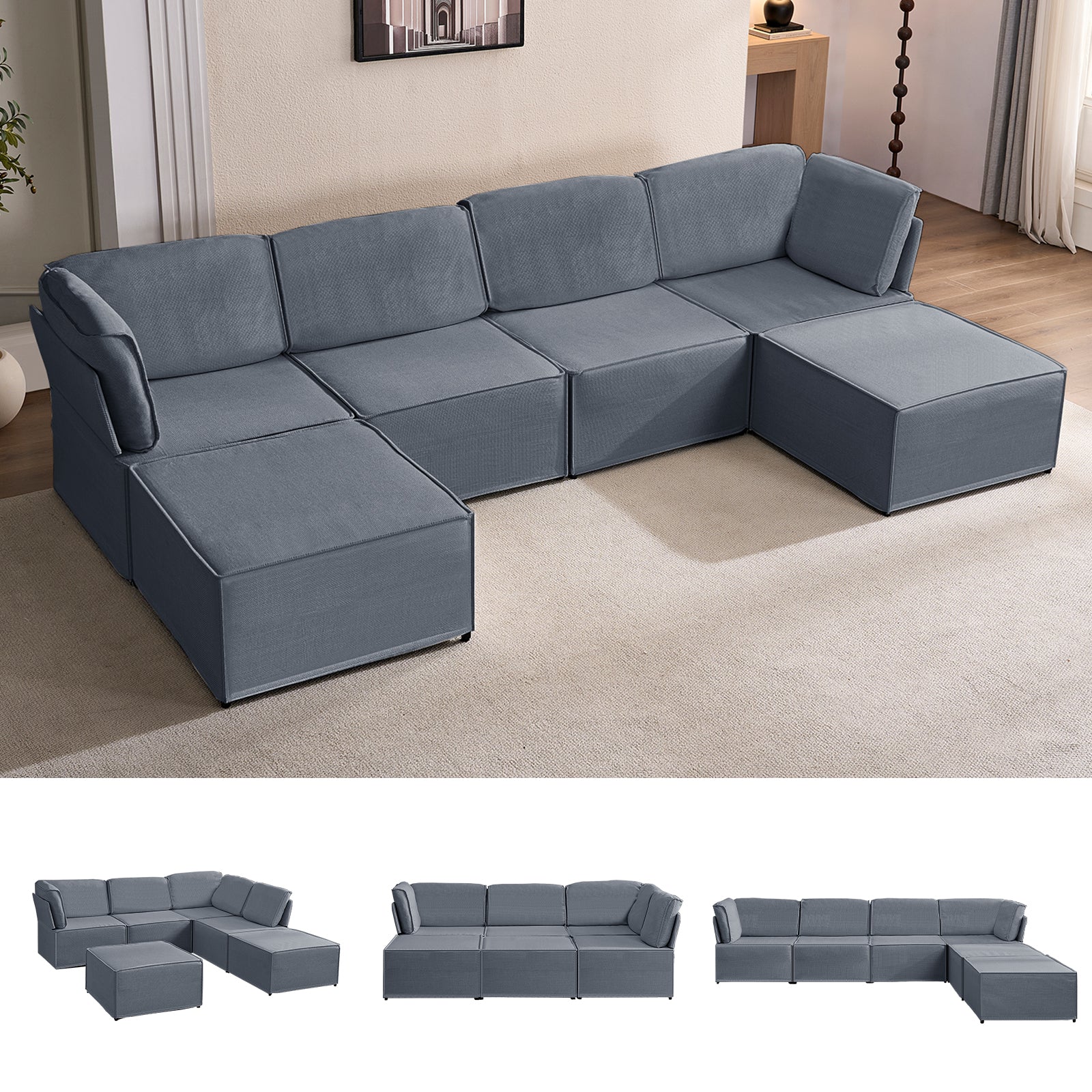 Puremind Modular Sectional Sofa with Movable Ottoman, Convertible U Shaped Couch, Linen 6 Seater Free Combination Sleeper Sofa for Living Room