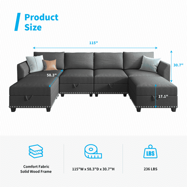 Cecer U Shaped Sectional Sofa with Storage, 6 Seater Modular Sectional Sofa