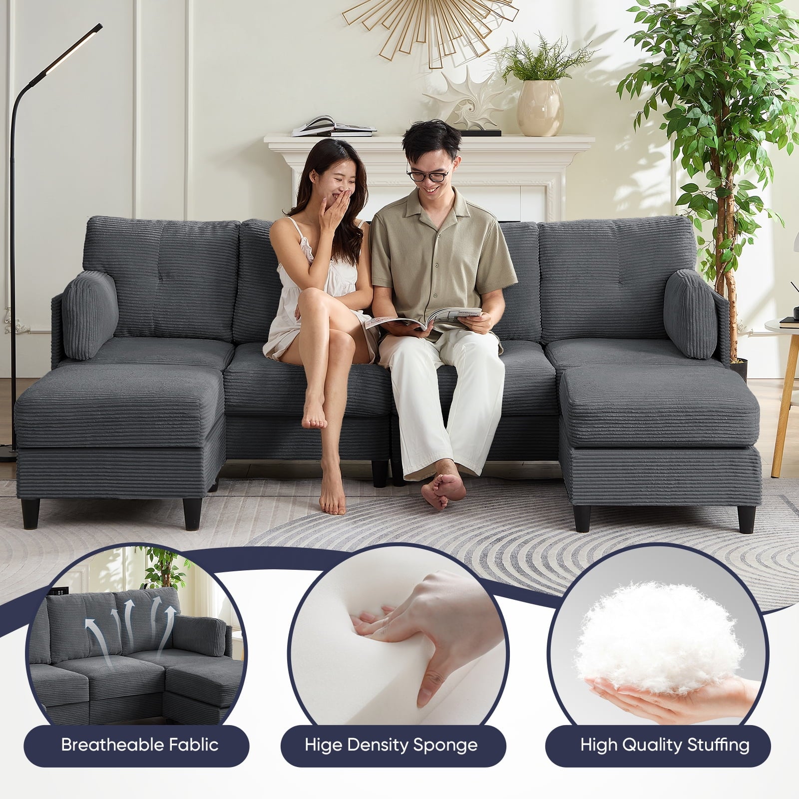 ZAFLY 89”w U/L Shaped Sectional Couch with Movable Ottoman, Corduroy Sectional Sofas for Living Room