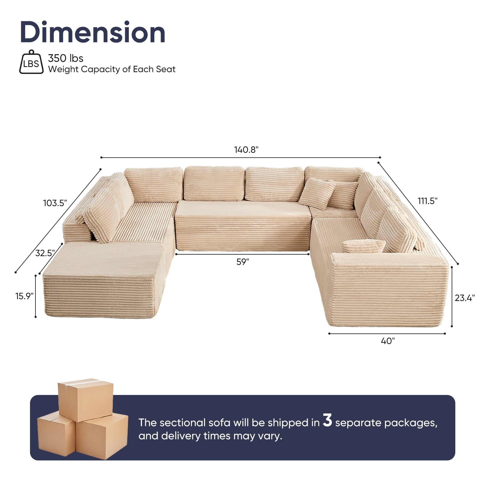 ZAFLY 140" U Shaped Modular Sectional Sofa, Corduroy Cloud Couch with Deep Seat, Oversized Sectionals for Living Room,