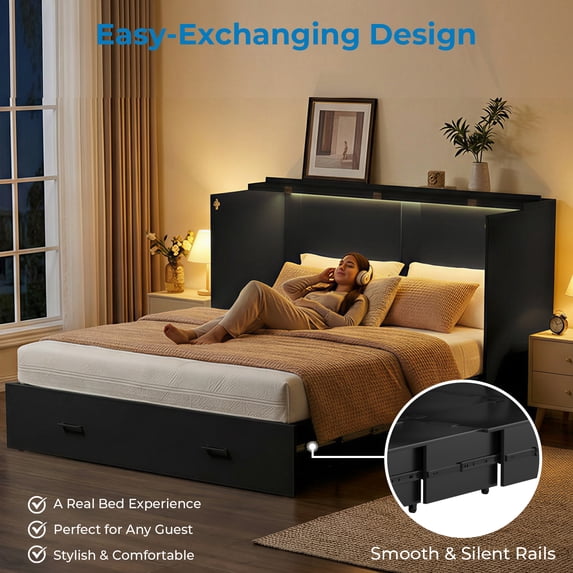 Mjkone Queen Size Murphy Bed with LED Light,Murphy Cabinet Bed with Folding Mattress,Convertible Cabinet Bed for Small Space