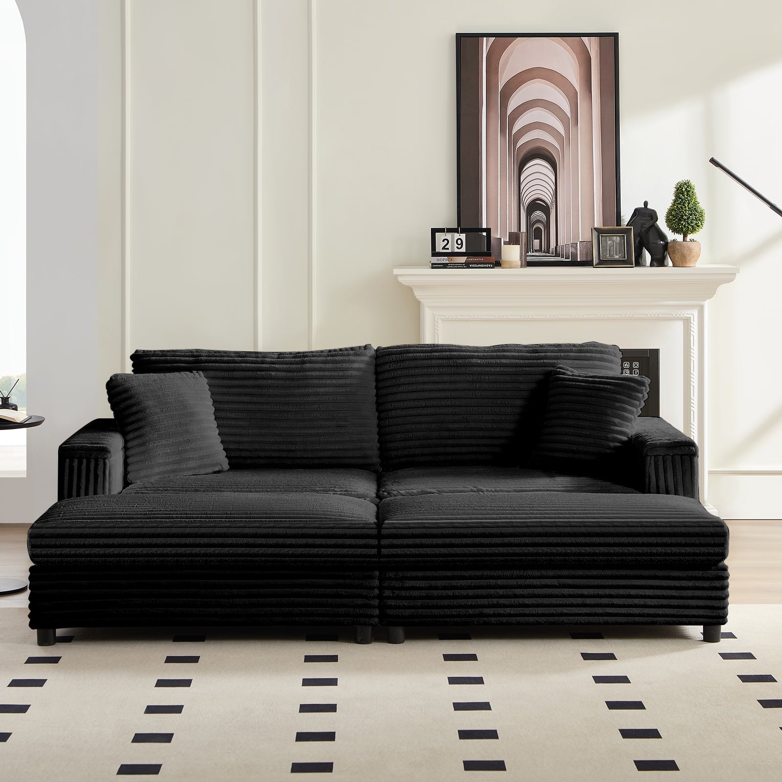 Mjkone 85’’ Loveseat Sectional Sofa with 2 Ottoman,Corduroy Deep Seat Couch with Storage Armrests Living Room Furniture,