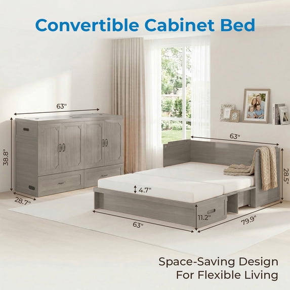 Mjkone Murphy Bed Queen with Mattress, Cabinet Bed with Storage Drawers and USB Charging Station,Murphy Chest Bed for Small Space,