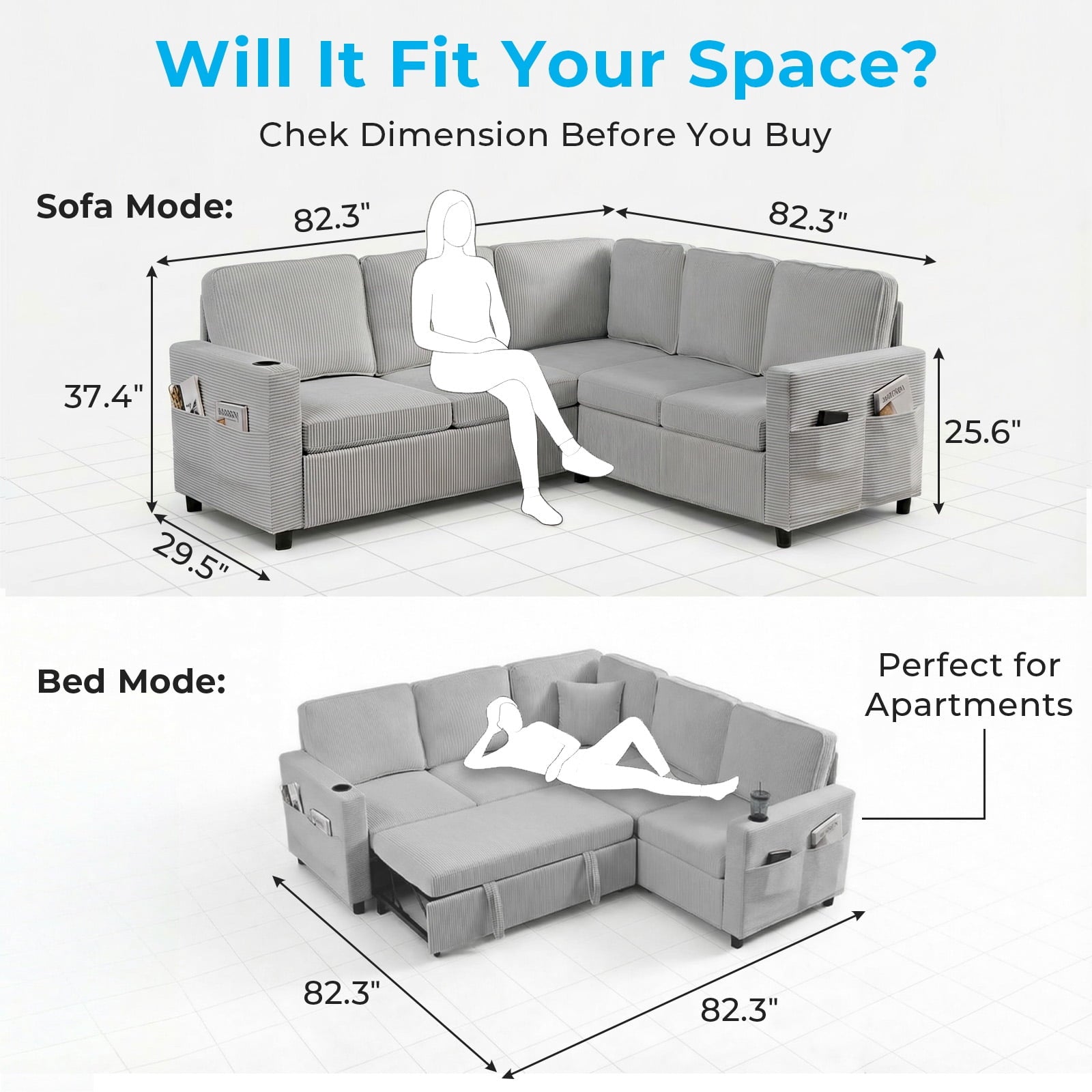 Mjkone Sectional Sleeper Sofa with Pull Out Bed,L-Shaped Sectional Sofa with Storage,Plush Corduroy Sectional Couches for Living Room,