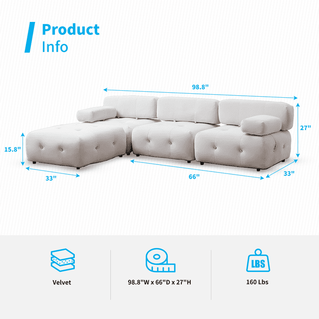 Cecer 99"W L Shaped Velvet Sectional Sofa with Reversible Chaise,Free Combination Ottoman, 4 Seater Modular Sectional Sofa with Rivet Trim, Convertible Sofa Couches for Living Room