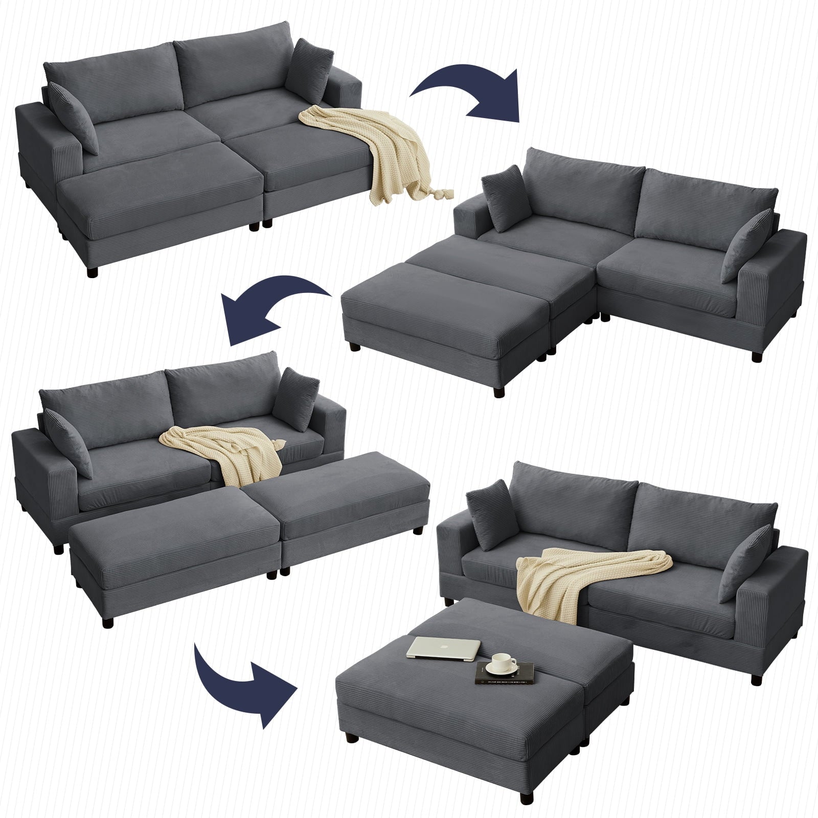 ZAFLY 85” Black Sectional Sofa with Chaise, Oversized Loveseat Deep Seat Couch, Corduroy Sleeper Sofa for Small Spaces/Apartment